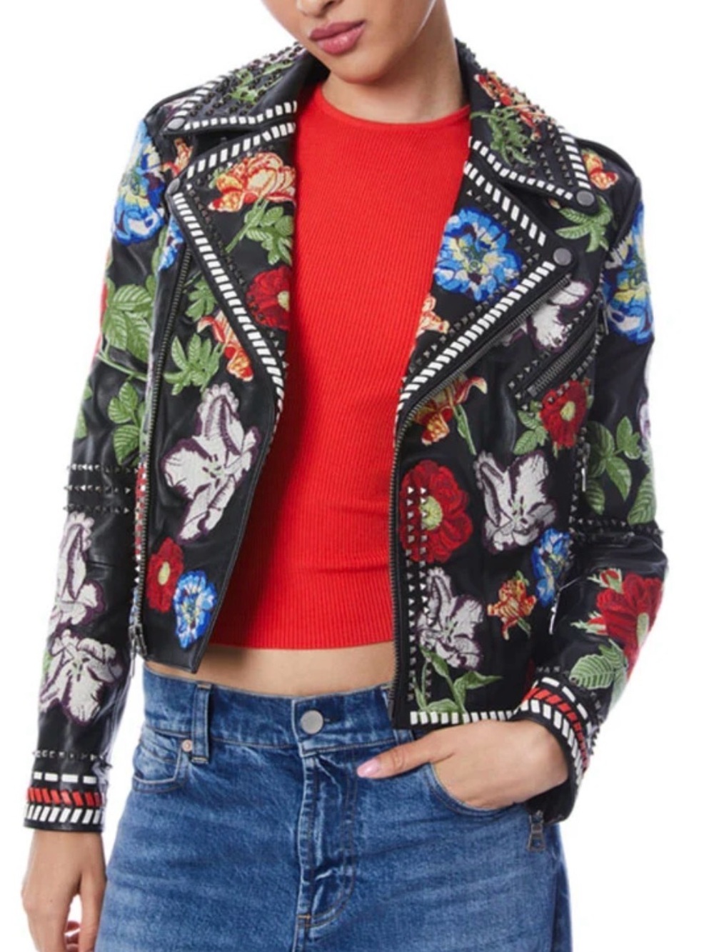 ALICE AND OLIVIA
Cody Embroidered Leather Jacket In Atrium Floral